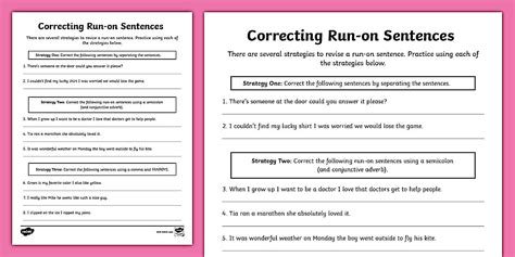 Correcting Run-on Sentences Worksheet for 6th-8th Grade
