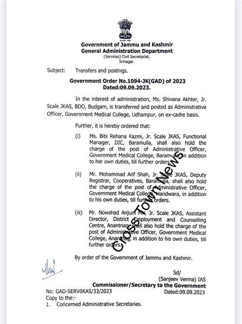 J&K Govt orders transfer of JKAS Officer, Additional charge to 3 JKAS ...