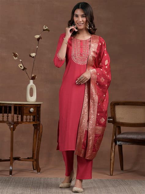 Buy Pink Yoke Design Silk Blend Straight Suit With Dupatta Online at Rs ...
