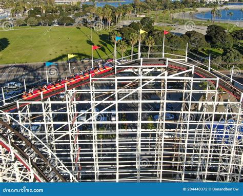 Aerial View of Iconic Giant Dipper Roller Coaster in Belmont Park, San Diego, California ...