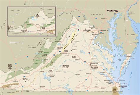 Large detailed map of Virginia state with national parks, highways and ...