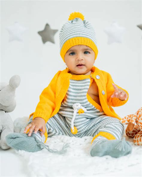 The Original Knit Yellow & Grey Winter Wear Dungaree Set-Sunny Stripes ...