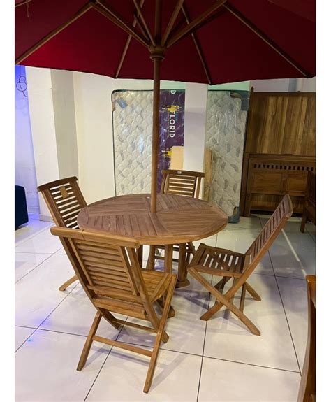 Wooden Patio Dining Set Foldable 4 Chairs, Round Table and Umbrella for ...