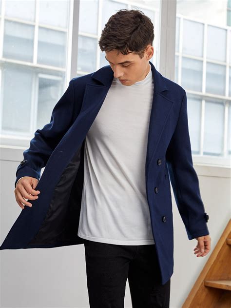 Men Lapel Collar Double Breasted Overcoat | Mens blue coat, Navy coat ...