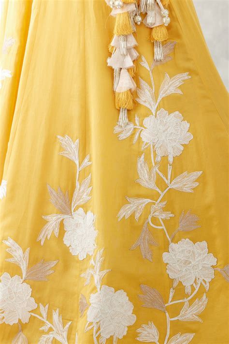 Devnaagri - Mango Yellow Embroidered Cotton Silk Satin Lehenga Set