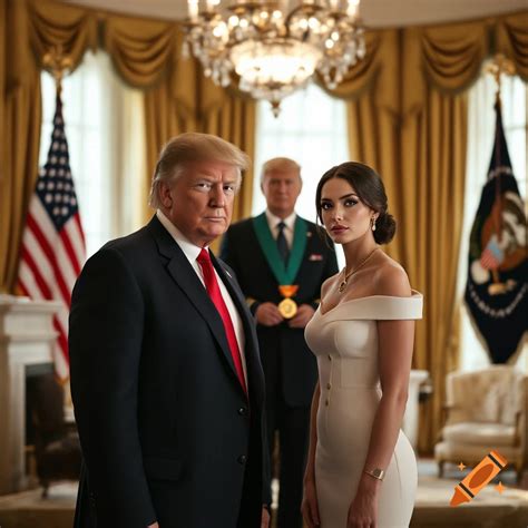 Donald Trump stands with a woman in a white dress in the White House ...