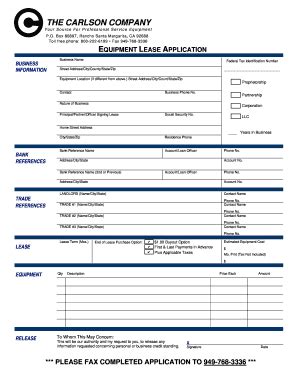 Fillable Online Equipment Lease Application - The Carlson Company Fax ...