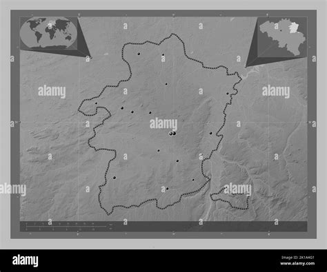 Limburg, province of Belgium. Grayscale elevation map with lakes and rivers. Locations of major ... - elevation map of belgium