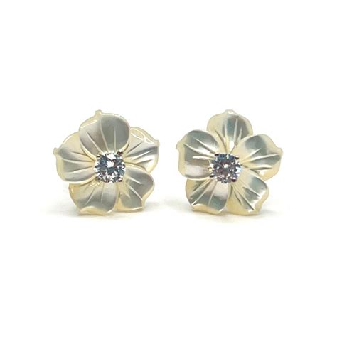 14mm Carved Mother of Pearl Flower Earrings For Sale at 1stDibs