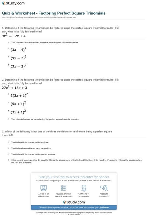 Factoring A Perfect Square Trinomial Worksheet - FactorWorksheets.com
