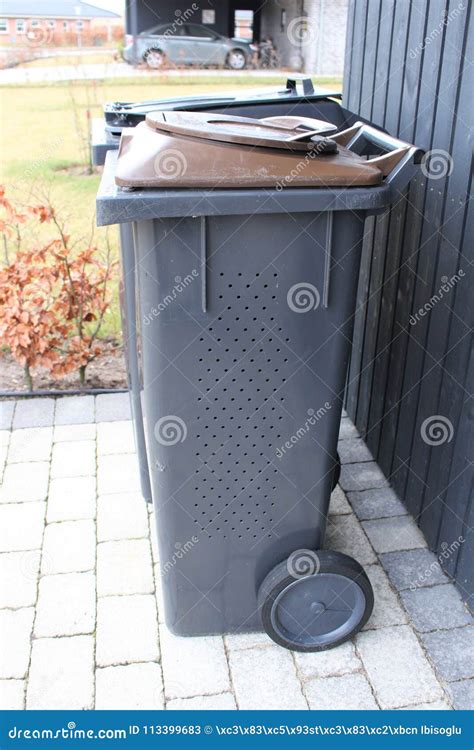 Trash Bin. Trash Cans. Black Garbage Bins Outside House Stock Image ...