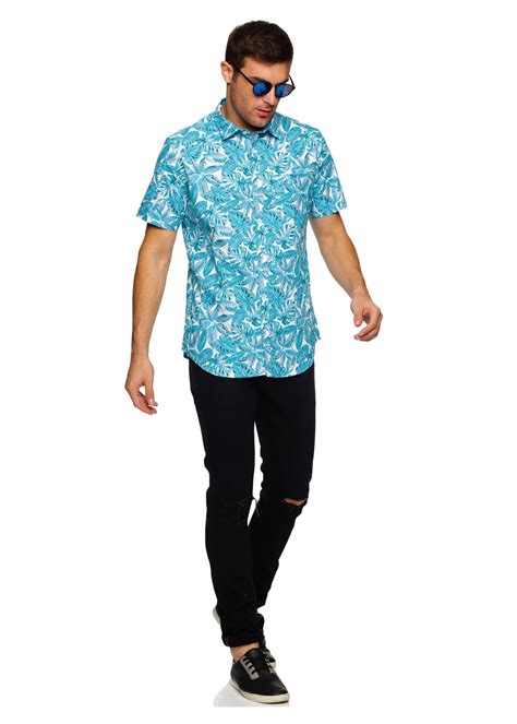 Tusok Blue Cotton Floral/Leafy Pattern Short Sleeve Printed Shirts