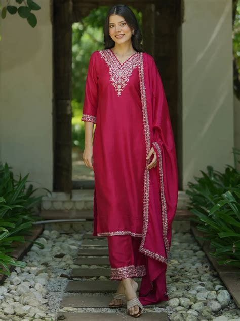 Buy Pink Yoke Design Silk Blend Straight Suit With Dupatta Online at Rs ...