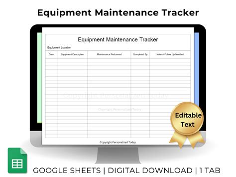 Equipment Maintenance Tracker Text Editable Repair and Preventative ...