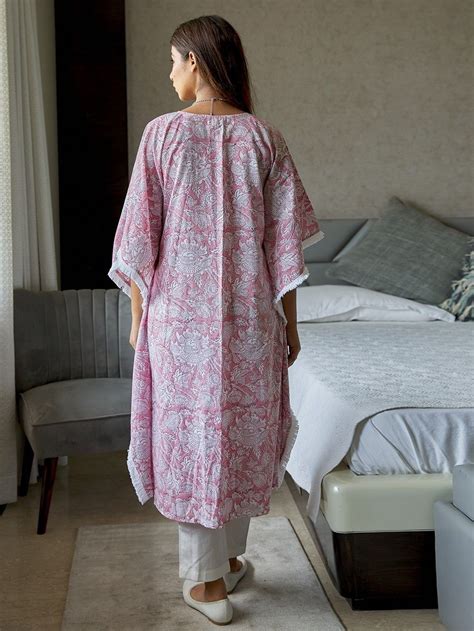 Buy Pink White Hand Block Printed Cambric Cotton Kaftan with Pants- Set ...