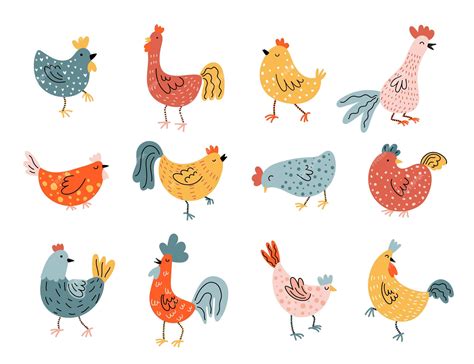 Premium Vector | Vector colored hens, chickens, roosters. Doodle illustration