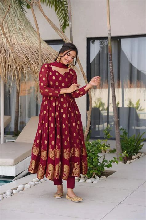 Maroon Anarkali Suit with Golden Zari Work & Dupatta – Festive Ethnic ...
