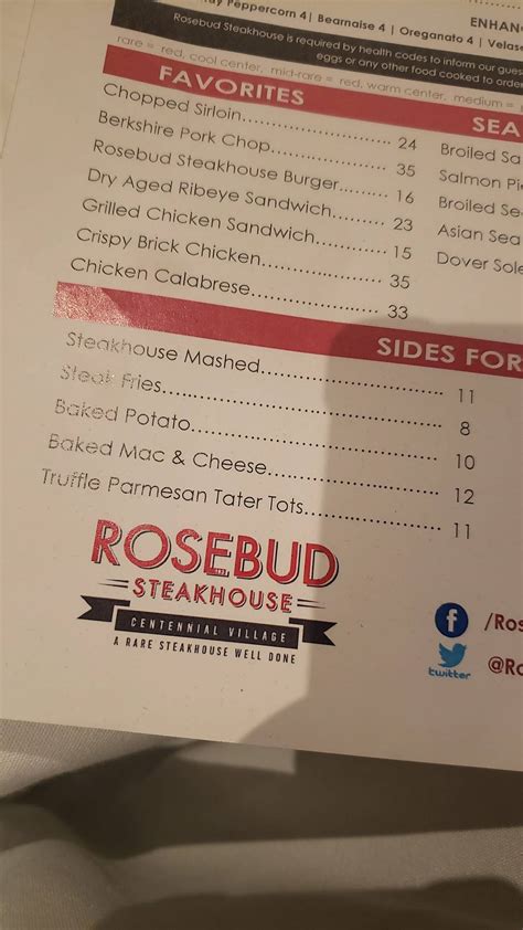 Menu at Rosebud Steakhouse Centennial Village, Munster