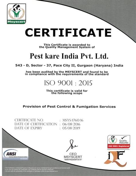 Certificate - Pest Kare India Pvt Ltd from Gurugram Haryana India