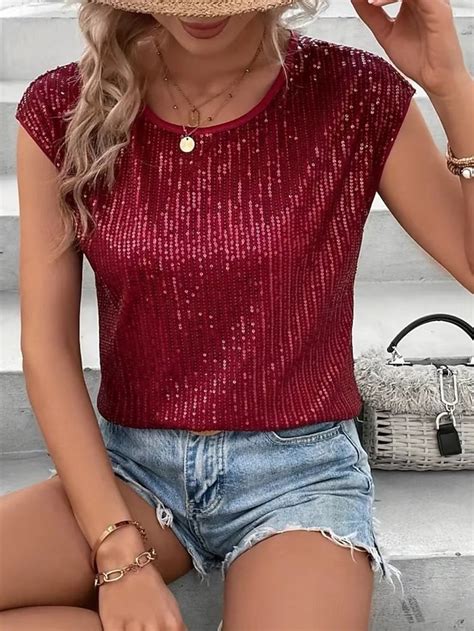 Women's Blouse Sequins Solid Color Stylish Casual Short Sleeve Crew ...
