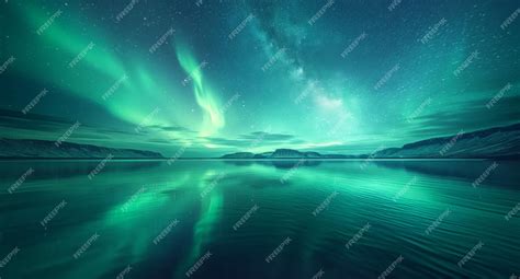 A green aurora over a lake with the aurora borealis visible above it ...