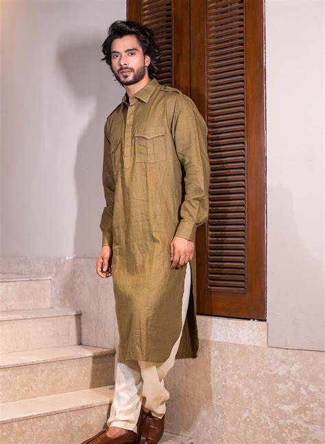 Olive Pathan Kurta with Salwar – Darshika Menswear