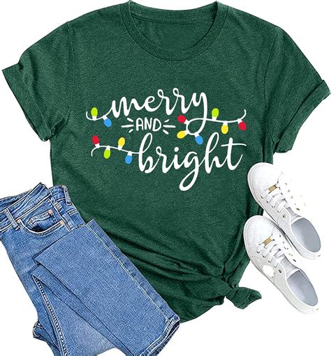 MAIHUN Christmas Shirts Womens Merry and Bright Shirt Xmas Holiday ...