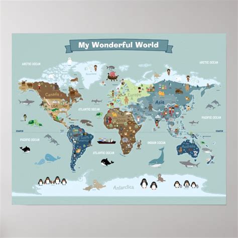 Kids World Map with Animals and Landmarks Poster | Zazzle.com