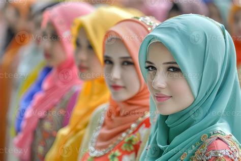 Beautiful Muslim women in colorful hijabs pose in a row, showcasing ...