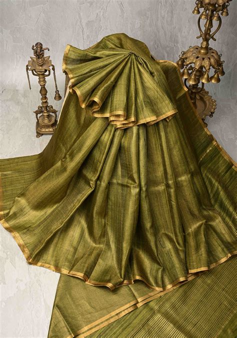 Mehendi Green Geecha Tussar tissue Saree with Minimal Zari Border | SI ...
