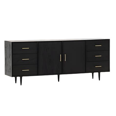 Black Solid Wood Buffet Table Glam Buffet Table with 6-Drawer and 2 ...
