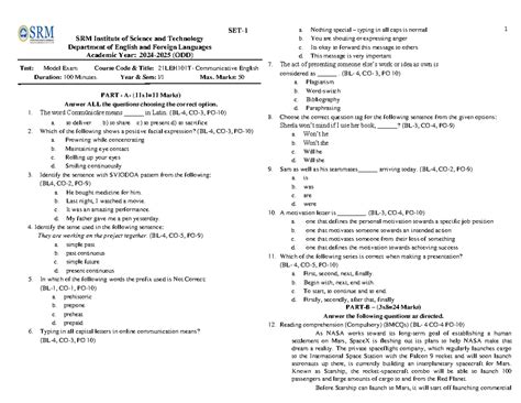 Model QP - ODD SET 1 - COMMUNICATIVE ENGLISH 21LEH101T TEST Questions ...