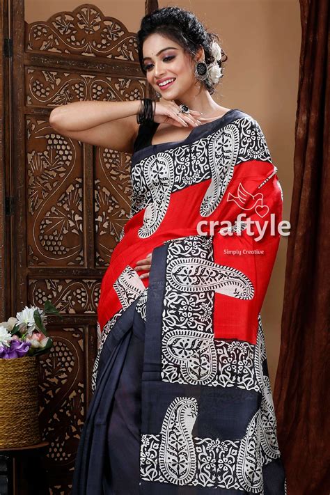 Crimson Red & Black Hand Block Mulberry Pure Silk Saree – Craftyle