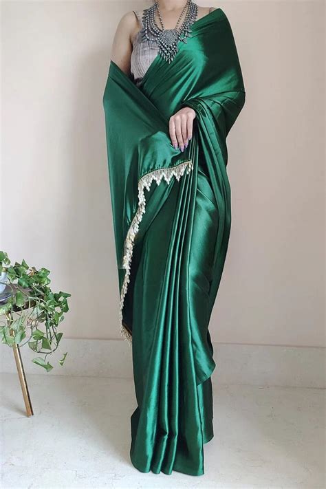 Classic Forest Green 1 Minute Ready To Wear Satin Silk Saree With Hand ...
