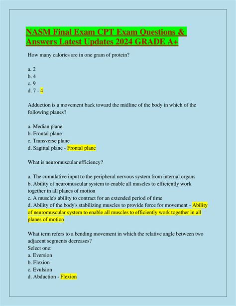 NASM Final Exam CPT Exam Questions & Answers | Exams Nursing | Docsity