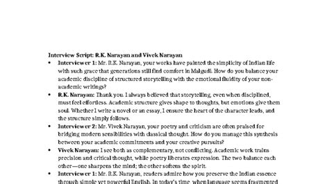 Interview Script: Insights from R.K. Narayan & Vivek Narayan - Studocu
