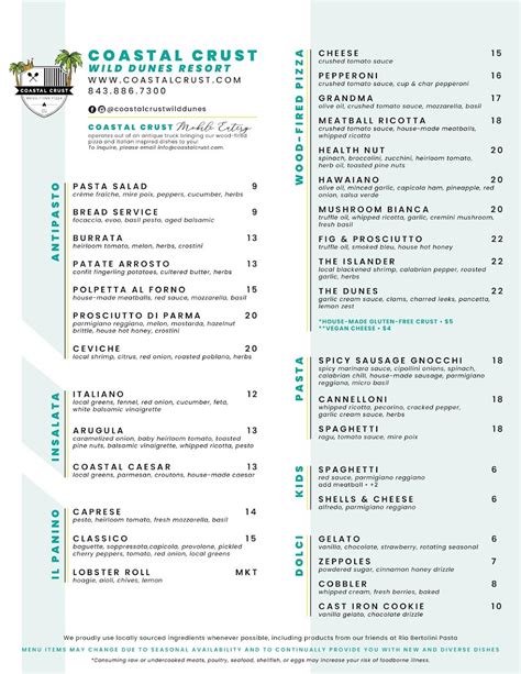 Menu at Coastal Crust at Wild Dunes pizzeria, Isle of Palms
