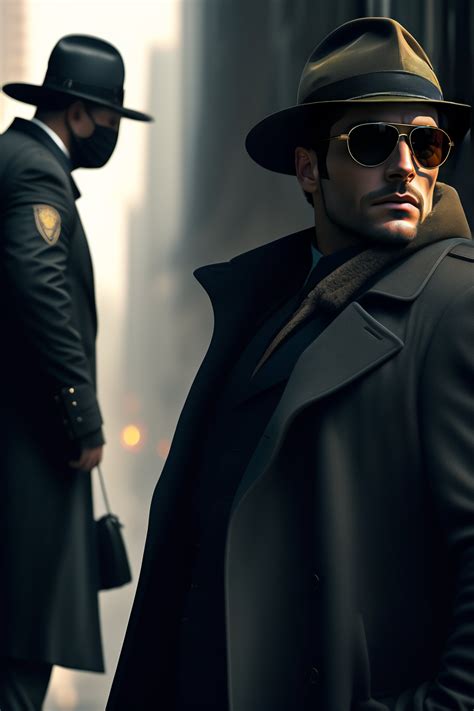 Lexica - Detective, fedora hat, black trenchcoat, gasmask, sunglasses, city, technology, crime ...