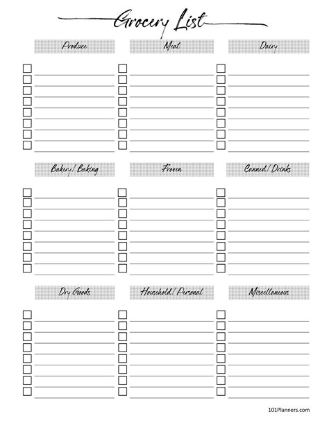 Free Grocery List Template Printable