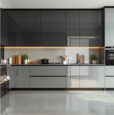 Modern Kitchen with Dark Fluted Acrylic Cabinets and Glossy Finishes