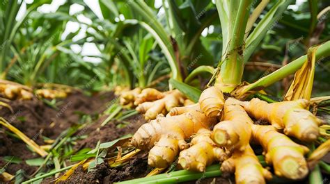 Newly harvested organic ginger roots with their distinctive yellow ...