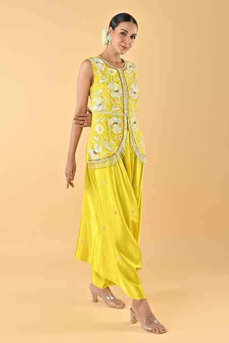 Buy Yellow Chiffon, Crepe Beads Round Neck Embroidered Tunic And Dhoti ...