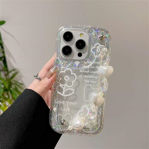 Love Your Life Flower Glitter With Chain Silicon Phone Cases For iPhon