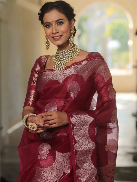 Banarasee Organza Mix Saree With Zari Buta & Scallop Border Design-Mag