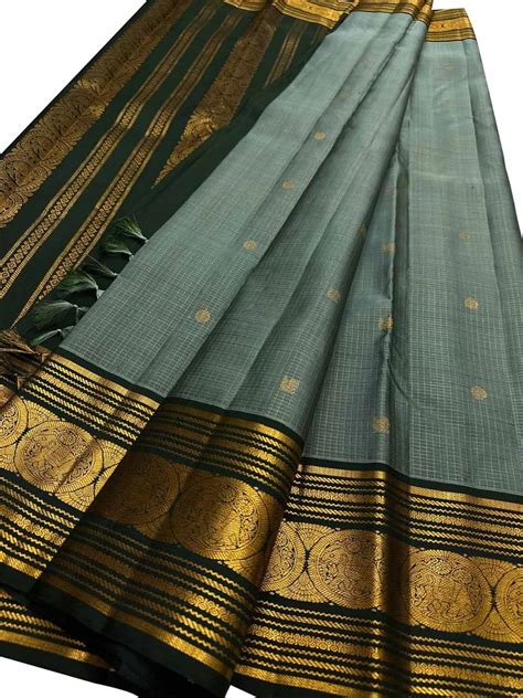 Grey Kanjeevaram Silk Saree — Zari Weave, Formal – Luxurion World ...
