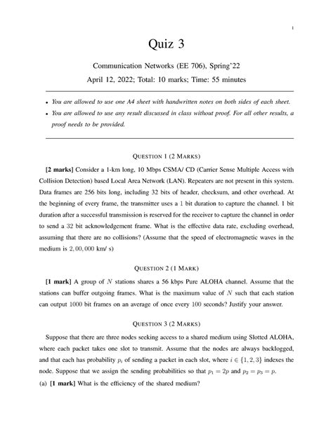Quiz 3 - quiz 3 questions - 1 Quiz 3 Communication Networks (EE 706 ...