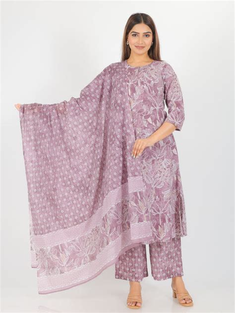 Buy Mauve Gold Foil Flared Soft Cotton Kurta Set TP1832T | Aramya