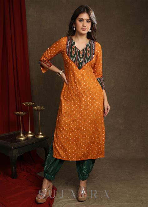 Beautiful Mustard Rayon Bandhani With Ikat Combination Kurta - Pant op ...