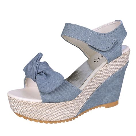 Denim Sandals Women Sandals Wedges High Heels Peep... – Grandado