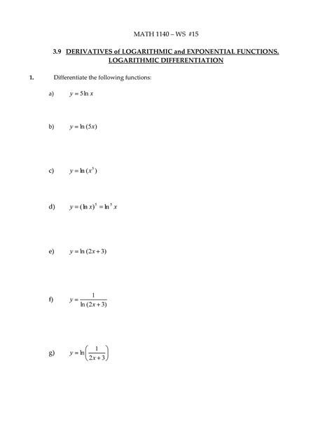 Derivatives Of Logarithmic Functions Worksheet